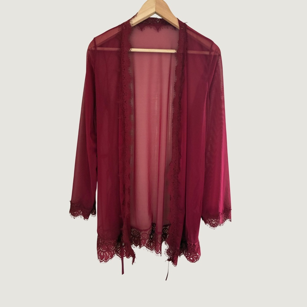 Oh La La Cheri Paris Burgundy Sheer Mesh Lace Trim Robe Lingerie Size S/M